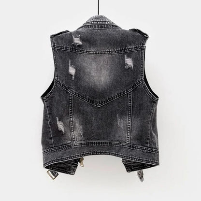 Stylish men's distressed blue denim vest with an asymmetric zip and a bold, adjustable waist belt.