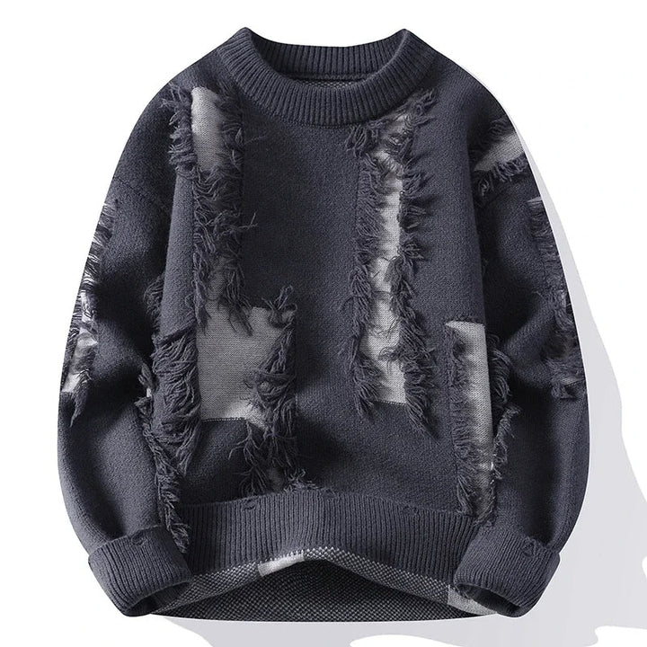 Contemporary men's frayed pullover sweater. Unique distressed design for a fashion-forward, casual streetwear style.