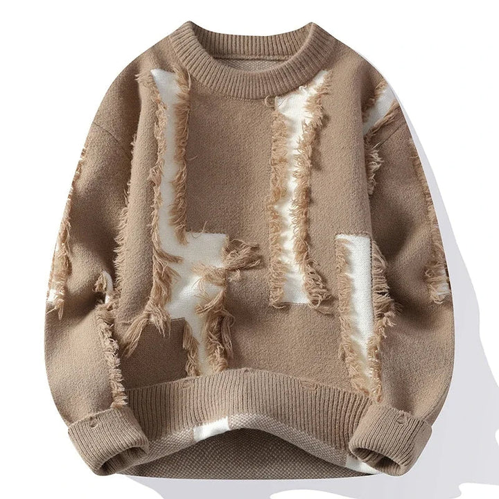 Comfortable men's relaxed fit pullover sweater featuring stylish distressed and frayed details. Perfect for casual wear.