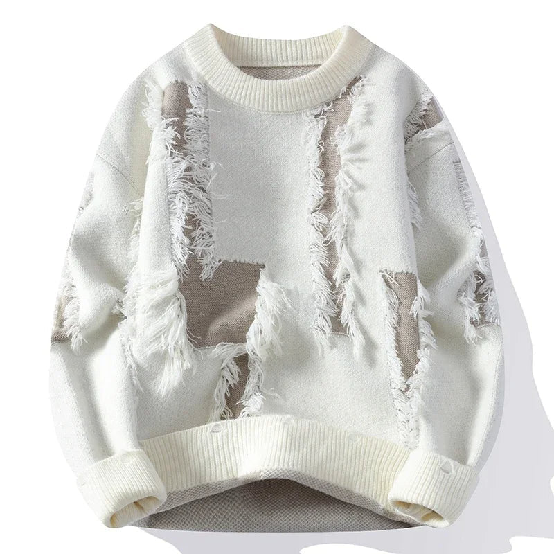 Unique men's distressed pullover sweater. Modern frayed design adds an edgy touch to casual and streetwear fashion.