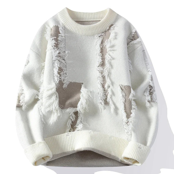 Unique men's distressed pullover sweater. Modern frayed design adds an edgy touch to casual and streetwear fashion.