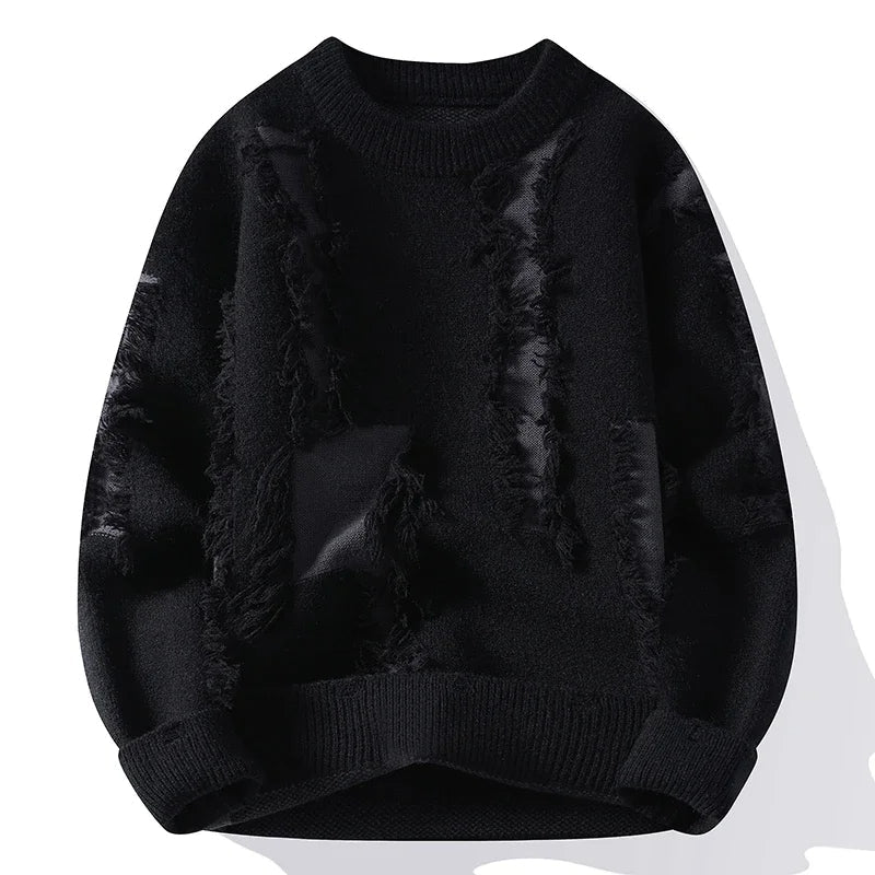 Men's casual pullover sweater with a modern distressed & frayed design. Offers a comfortable, relaxed fit for streetwear fashion.