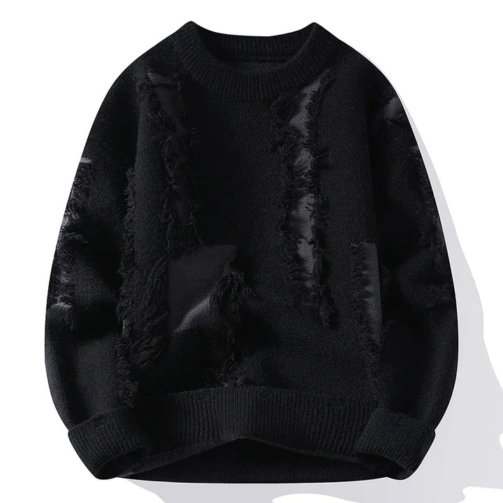 Men's casual pullover sweater with a modern distressed & frayed design. Offers a comfortable, relaxed fit for streetwear fashion.