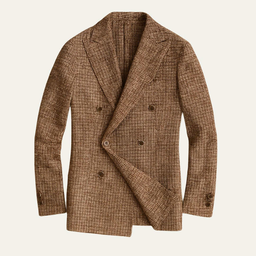 Men's double-breasted checked blazer. Stylish tailored jacket perfect for smart casual & professional attire.
