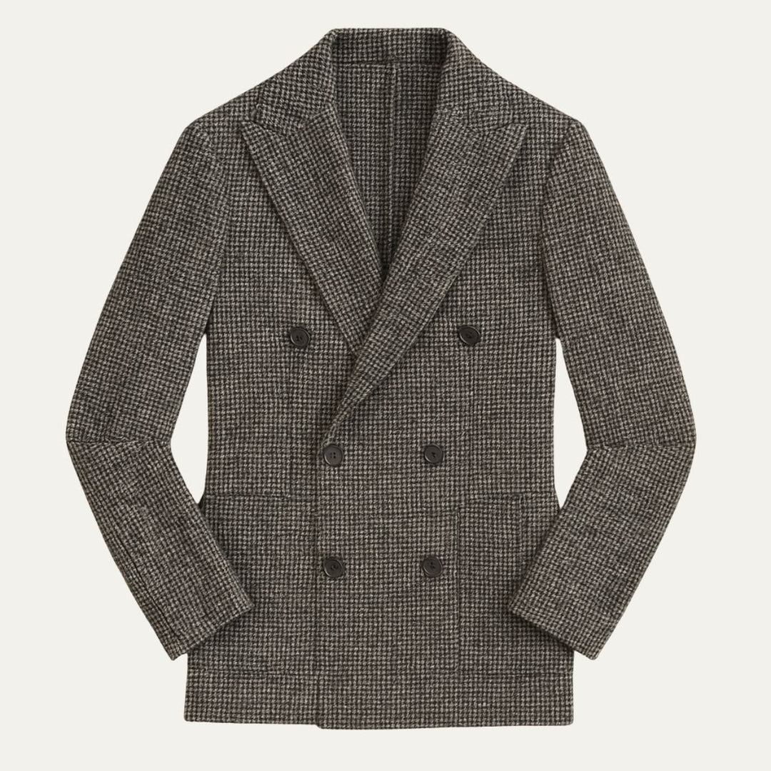 Modern men's checked blazer, double-breasted design. A versatile tailored jacket for formal or smart casual wear.