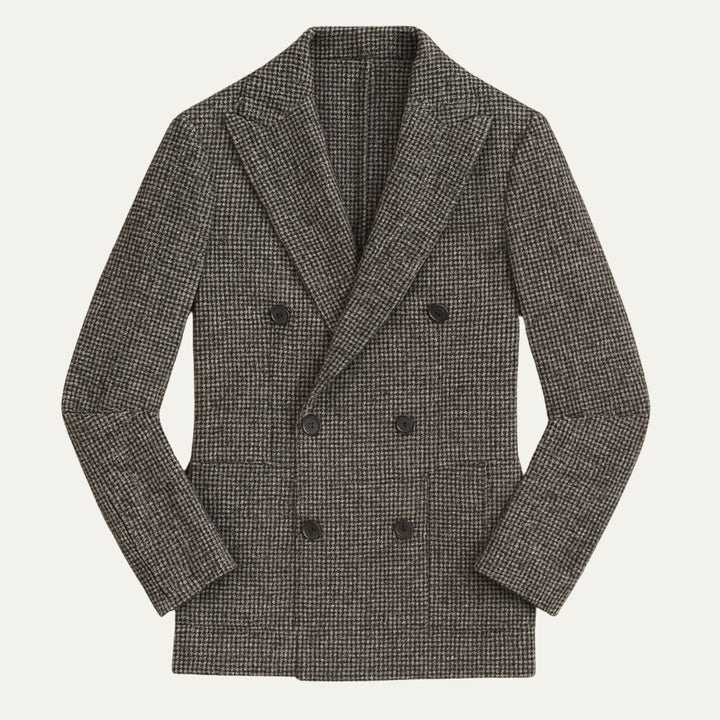 Modern men's checked blazer, double-breasted design. A versatile tailored jacket for formal or smart casual wear.