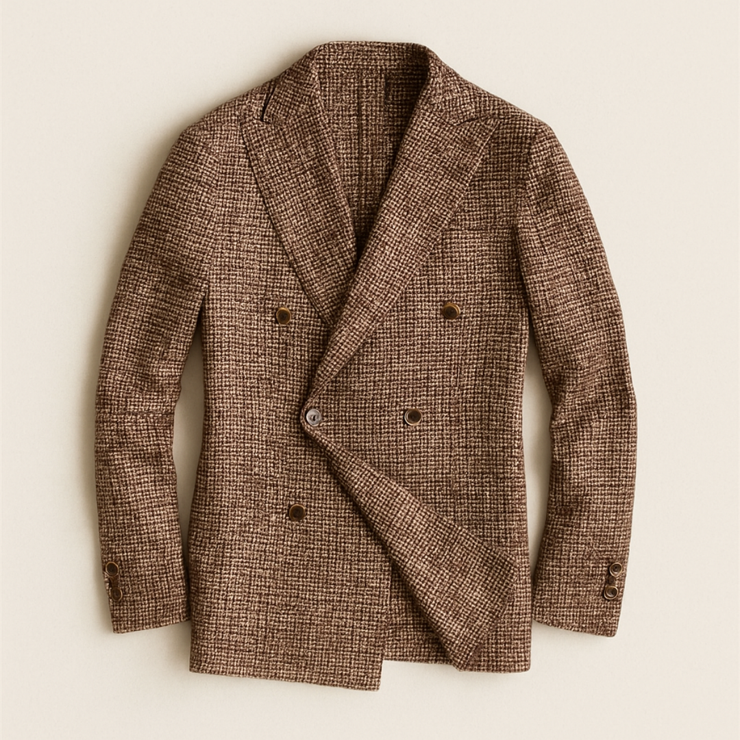 Elegant men's double-breasted checked blazer, ideal for evening wear, professional attire, or smart casual events.