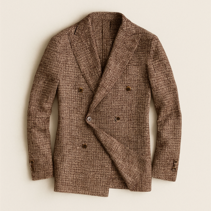 Elegant men's double-breasted checked blazer, ideal for evening wear, professional attire, or smart casual events.