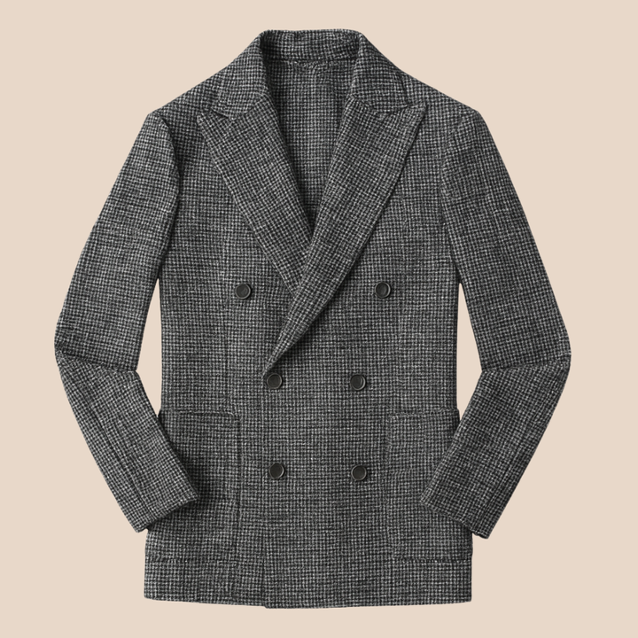 Stylish men's checked double-breasted blazer. Tailored jacket for a modern gentleman's fashion & professional look.