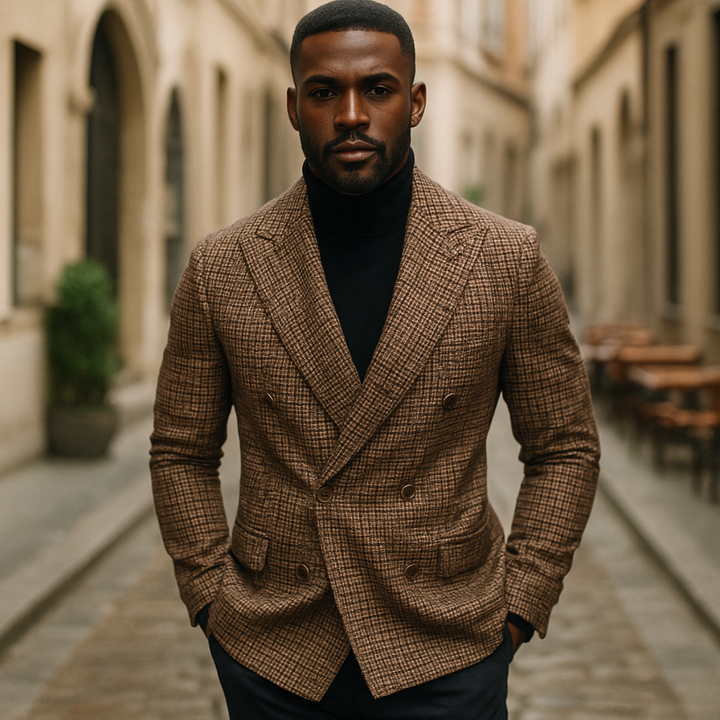 Men's smart double-breasted checked blazer. A well-tailored jacket for a fashionable, professional & versatile wardrobe.