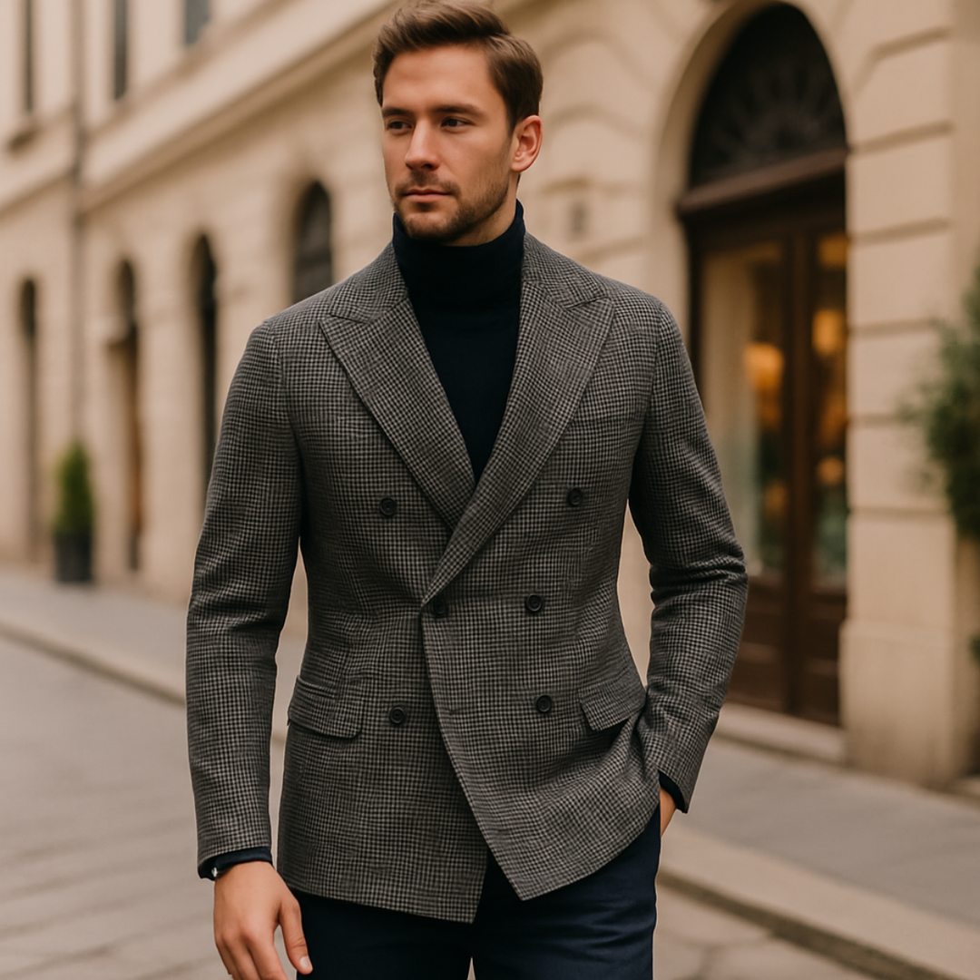 Premium men's double-breasted checked blazer. Stylish, tailored jacket for formal wear, smart casual, and modern fashion.