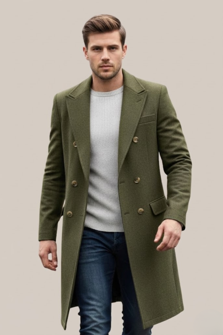 Stylish men's double-breasted long trench coat, perfect for smart casual & business attire, elegant outerwear.