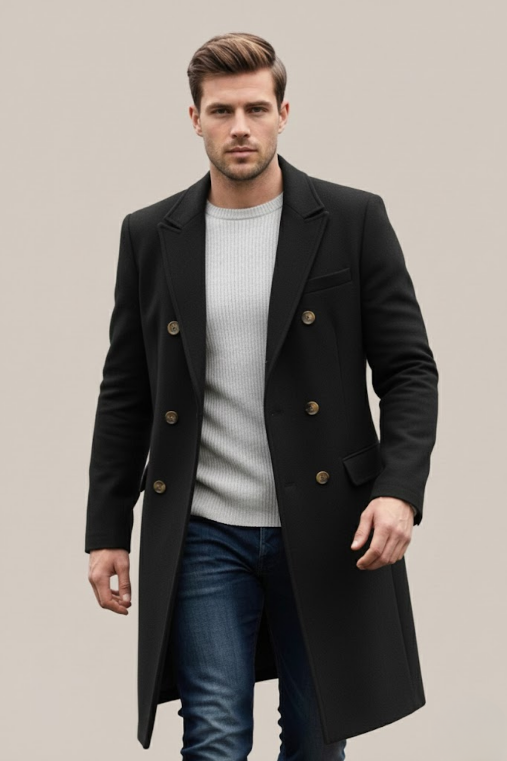 Classic men's double-breasted long trench coat. Versatile outerwear for formal events & smart casual style.