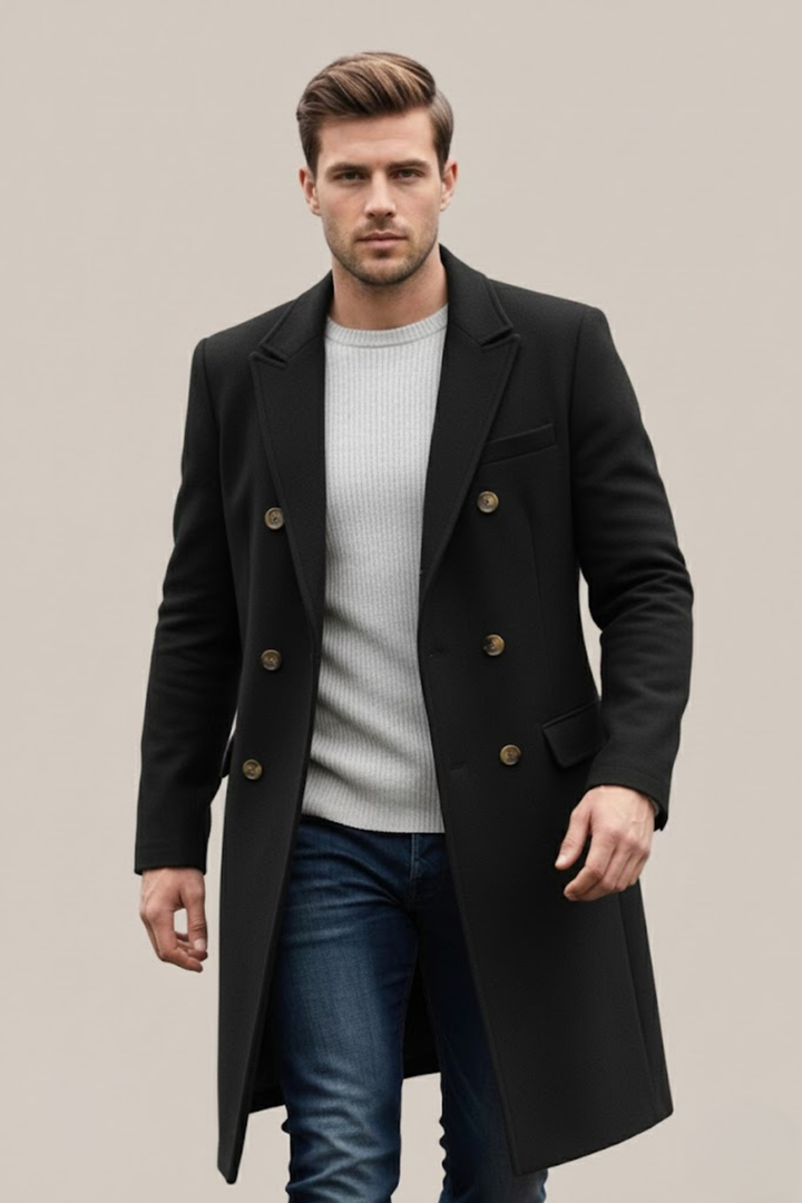 Classic men's double-breasted long trench coat. Versatile outerwear for formal events & smart casual style.
