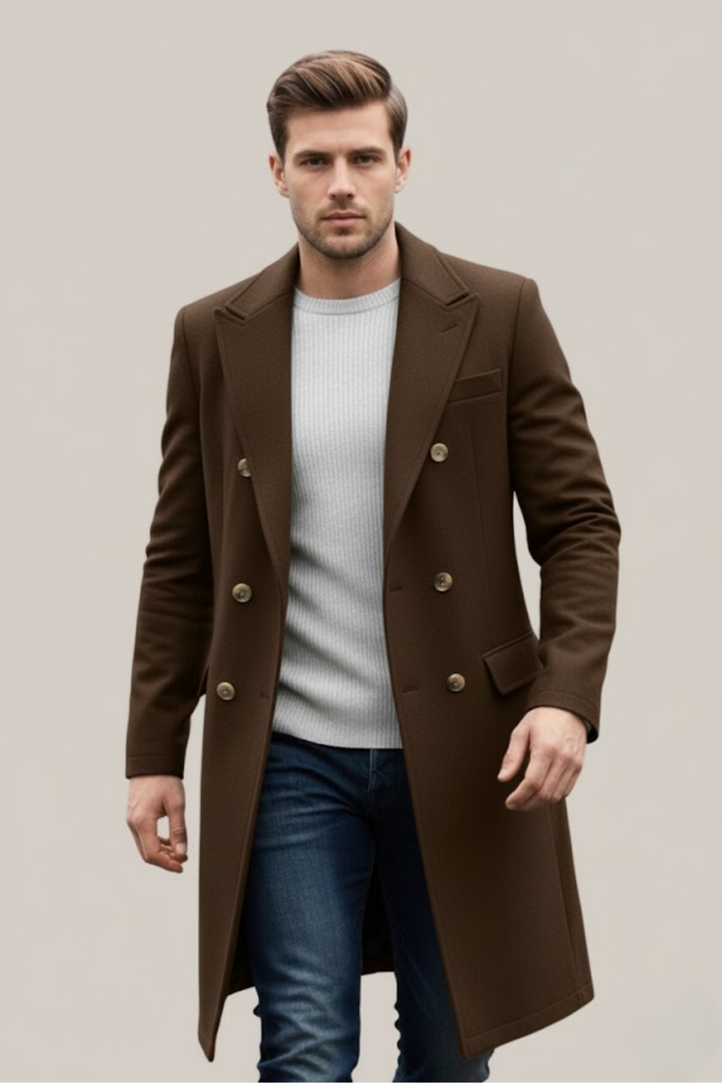 Premium men's double-breasted long trench coat, suitable for formal, business, or smart casual elegant style.