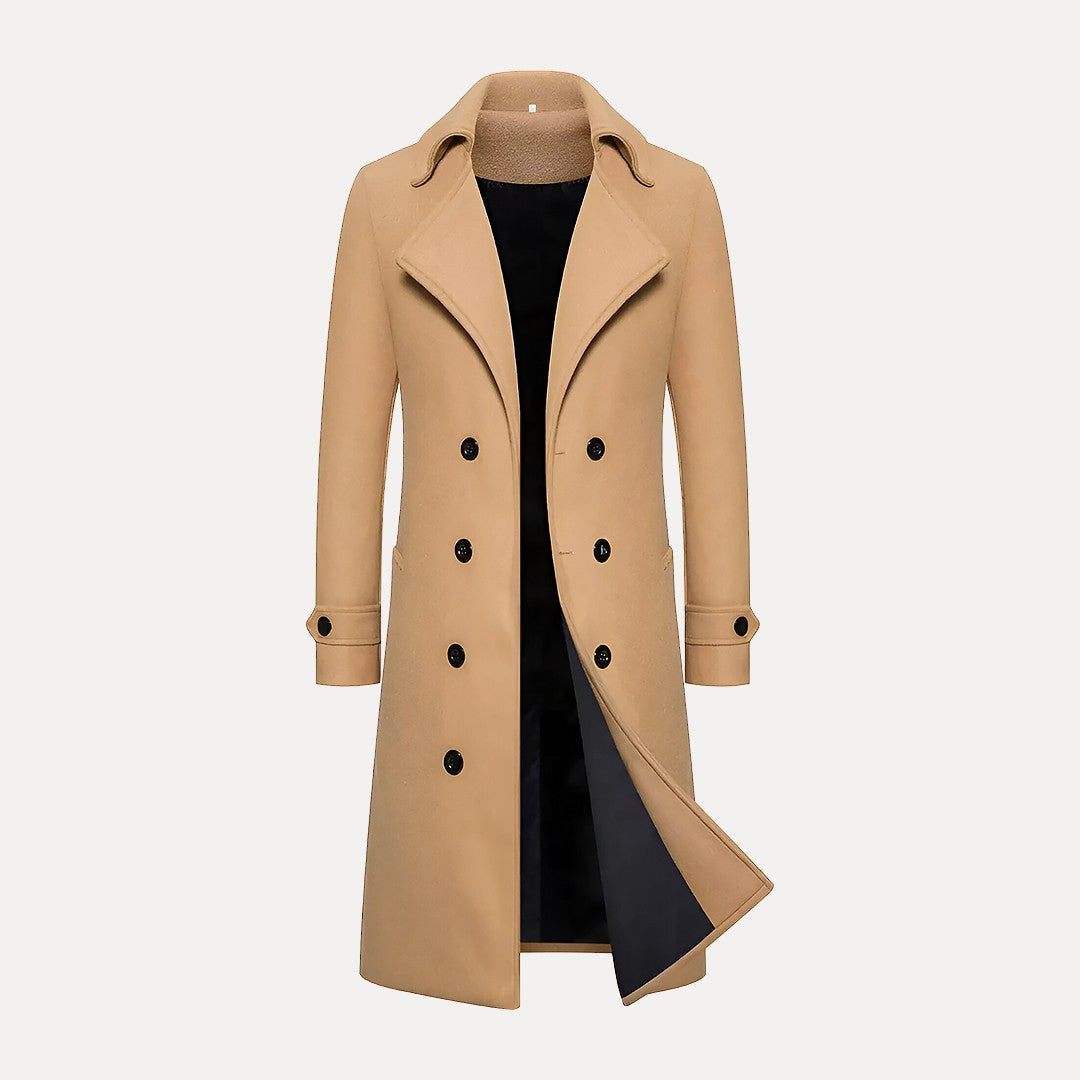 Men's double-breasted long winter coat with peak lapels, a classic tailored overcoat for formal outerwear.