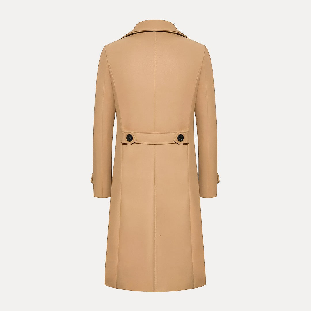 Classic men's tailored long winter coat in a warm wool blend, featuring a stylish double-breasted design.