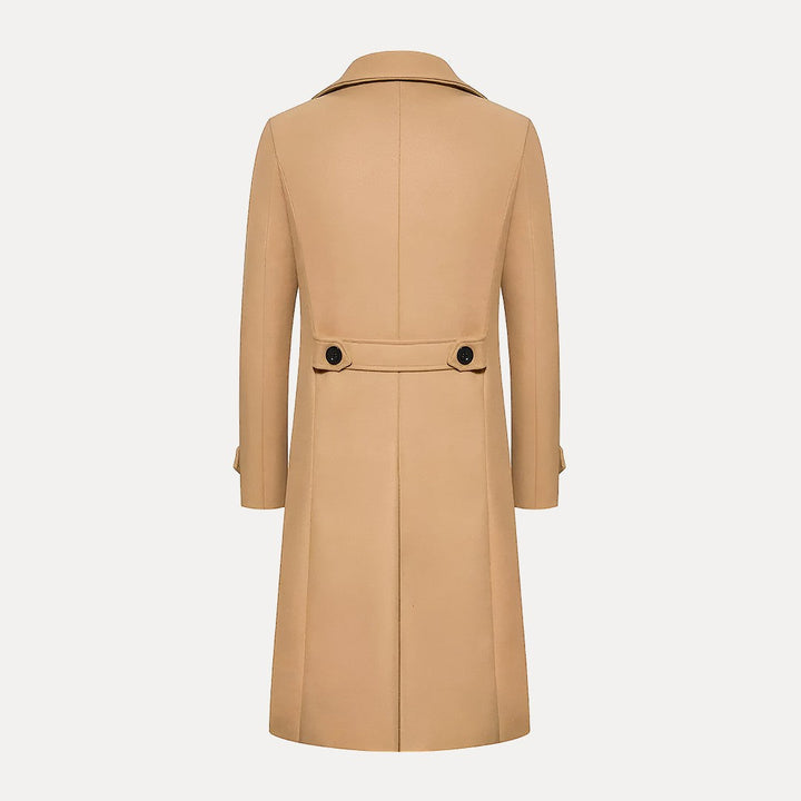 Classic men's tailored long winter coat in a warm wool blend, featuring a stylish double-breasted design.