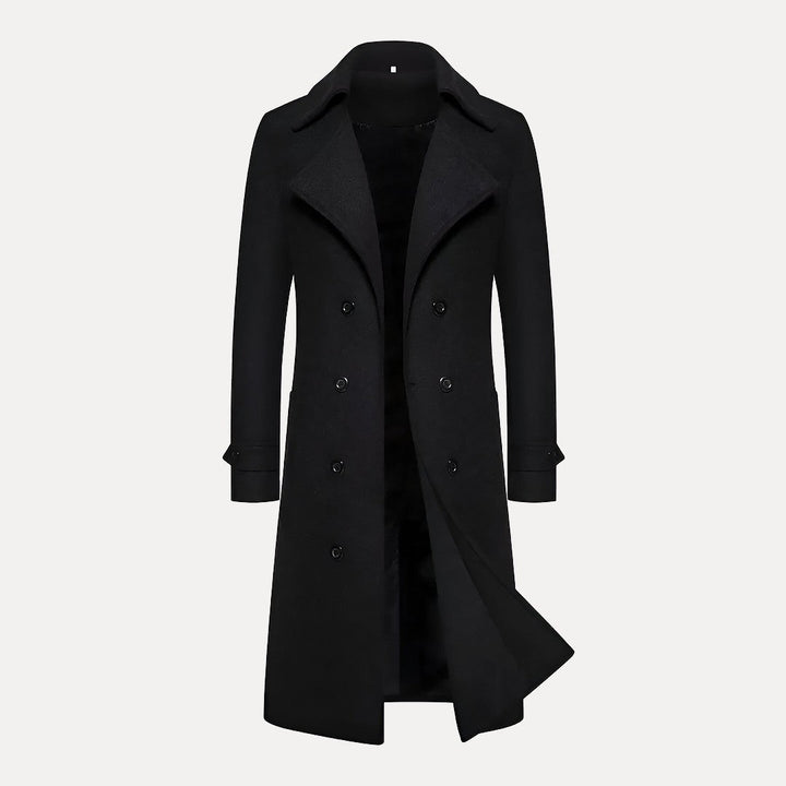 Formal men's double-breasted long winter overcoat, ideal for cold weather and elegant classic style.