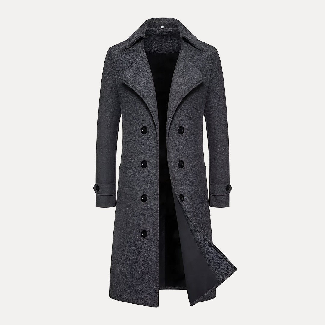 Tailored men's double-breasted long winter overcoat, a sophisticated piece of formal outerwear for men.