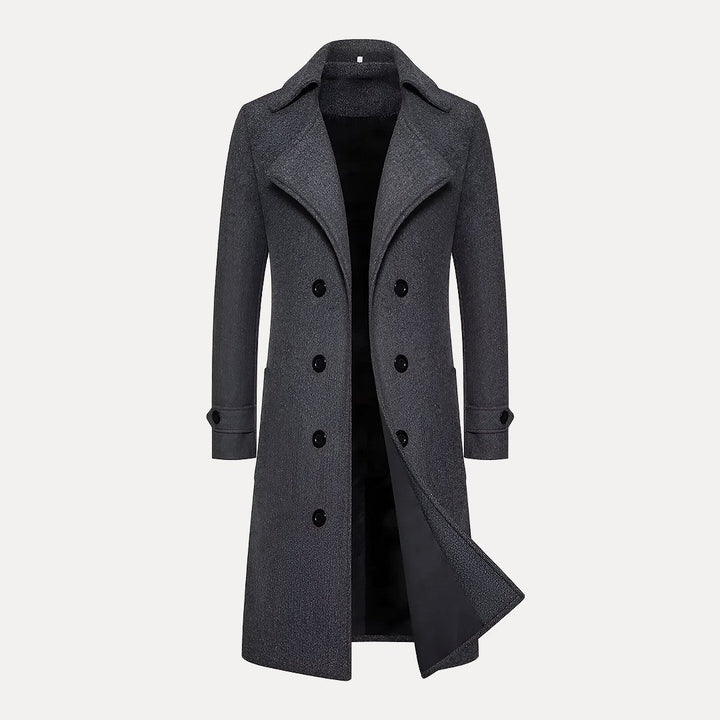 Tailored men's double-breasted long winter overcoat, a sophisticated piece of formal outerwear for men.