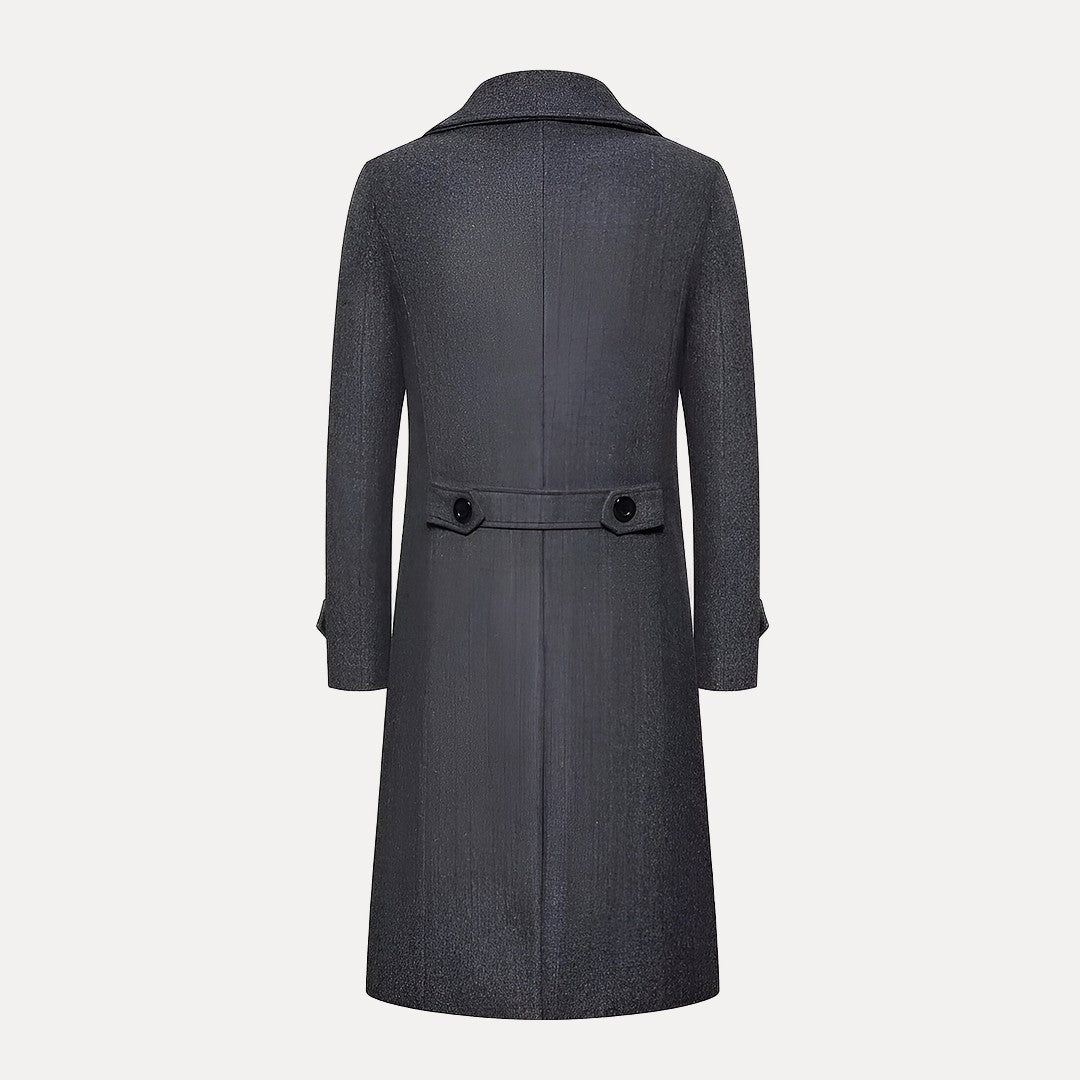 Elegant men's long winter overcoat, double-breasted with peak lapels, a classic choice for men's fashion.