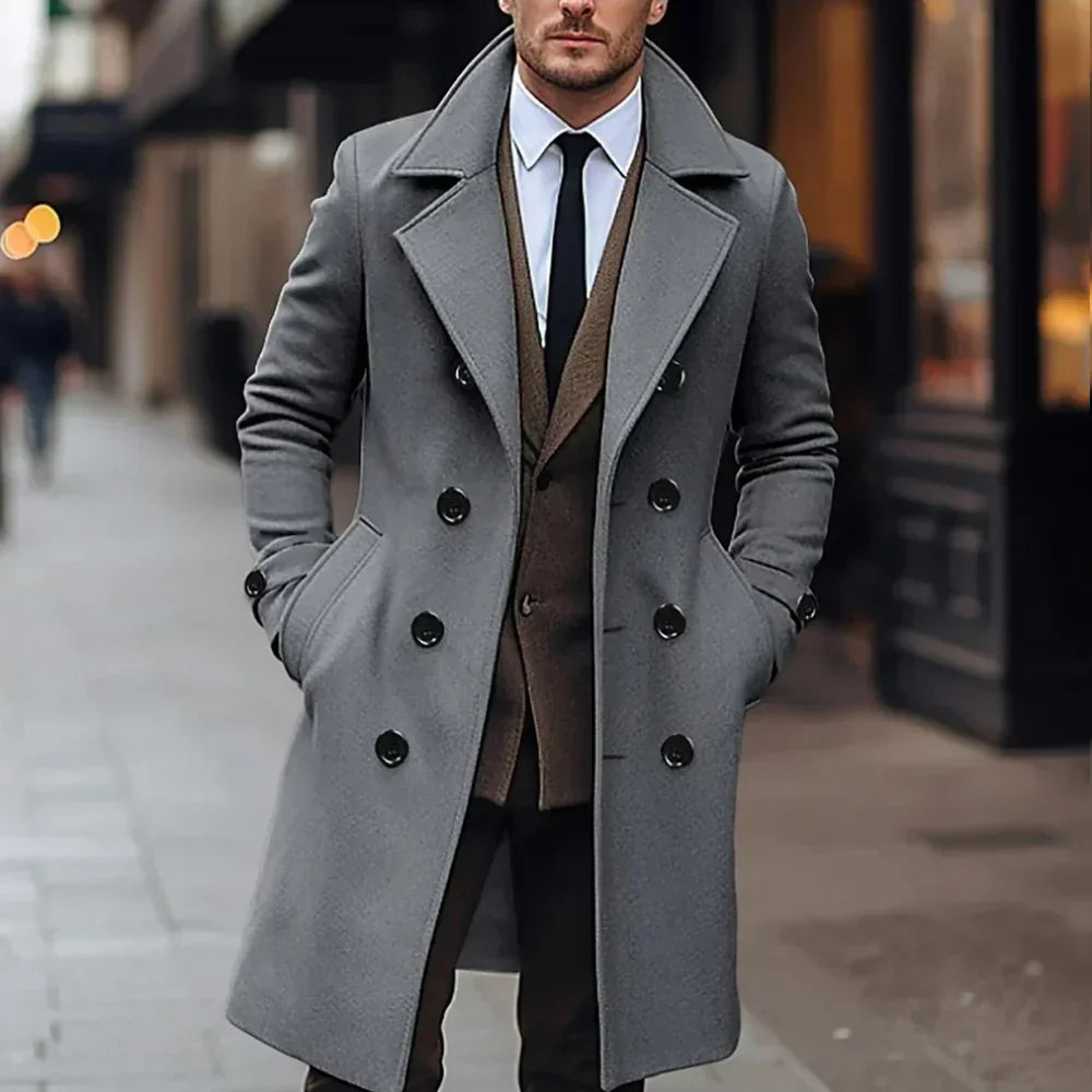 Men's double-breasted overcoat, tailored for an elegant all-season style. Classic men's outerwear.