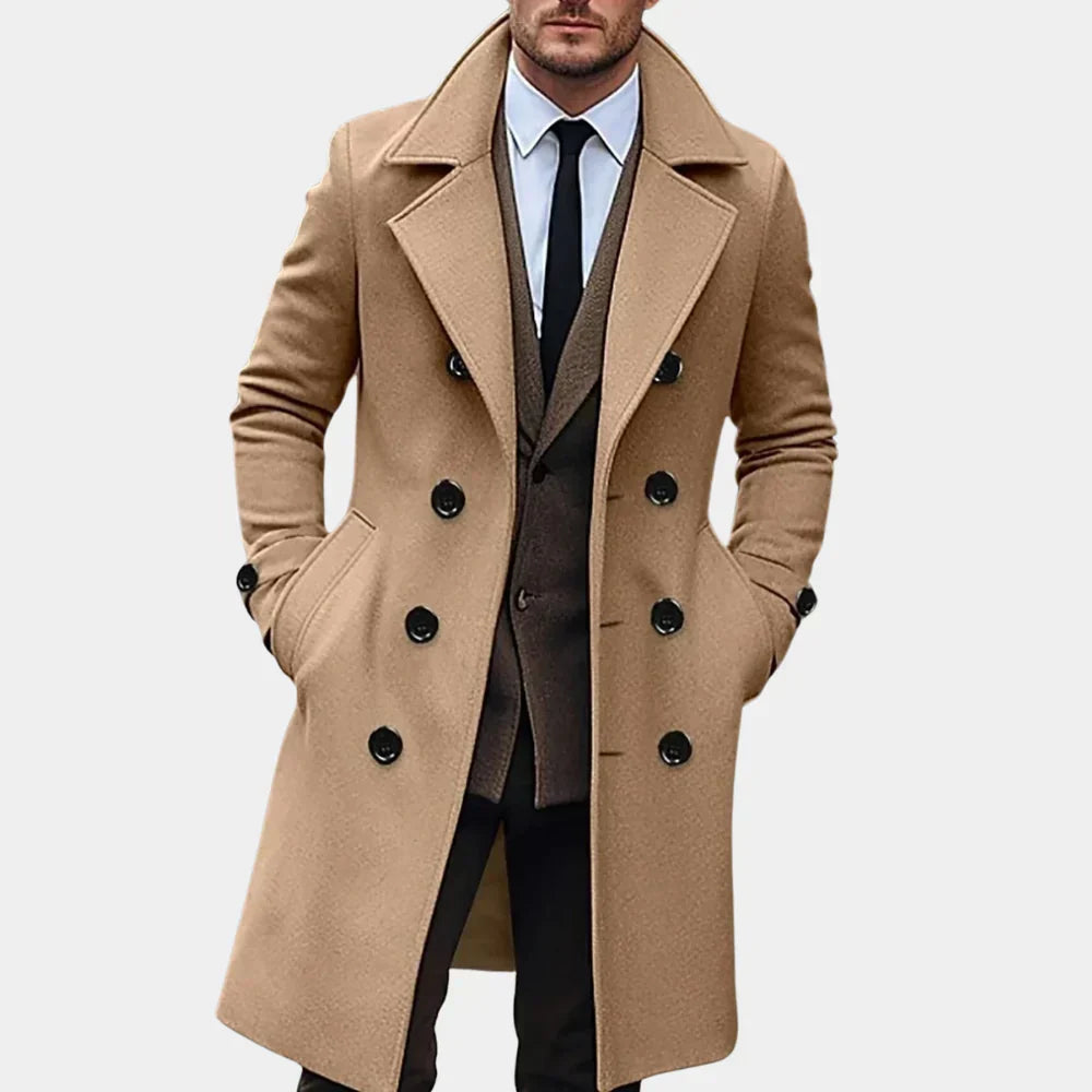 Classic men's double-breasted trench coat, ideal formal or casual outerwear for a sophisticated look.
