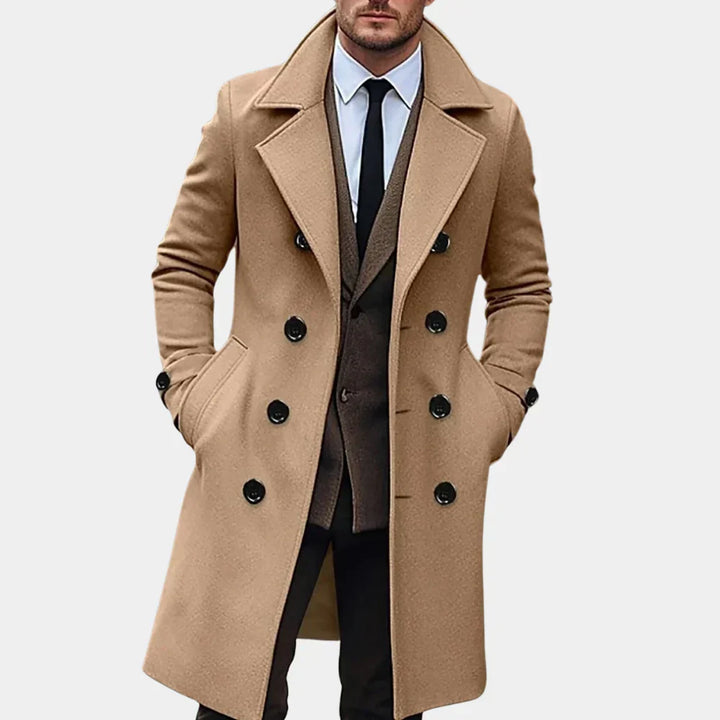 Classic men's double-breasted trench coat, ideal formal or casual outerwear for a sophisticated look.