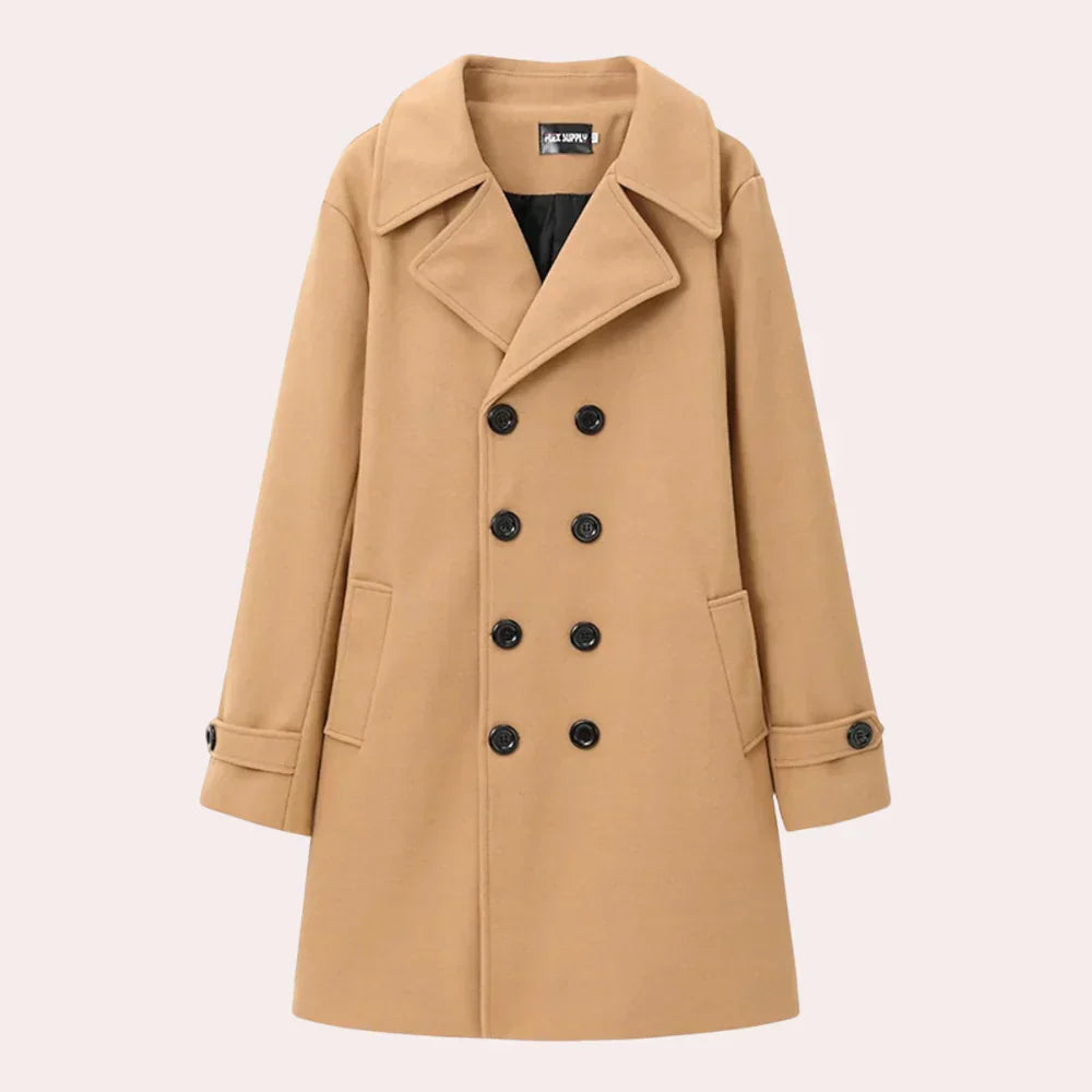 Sophisticated men's tailored overcoat, versatile year-round outerwear. Elegant double-breasted style.