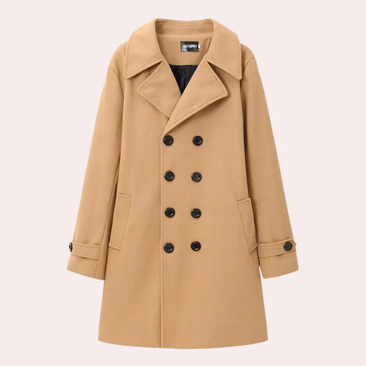 Sophisticated men's tailored overcoat, versatile year-round outerwear. Elegant double-breasted style.