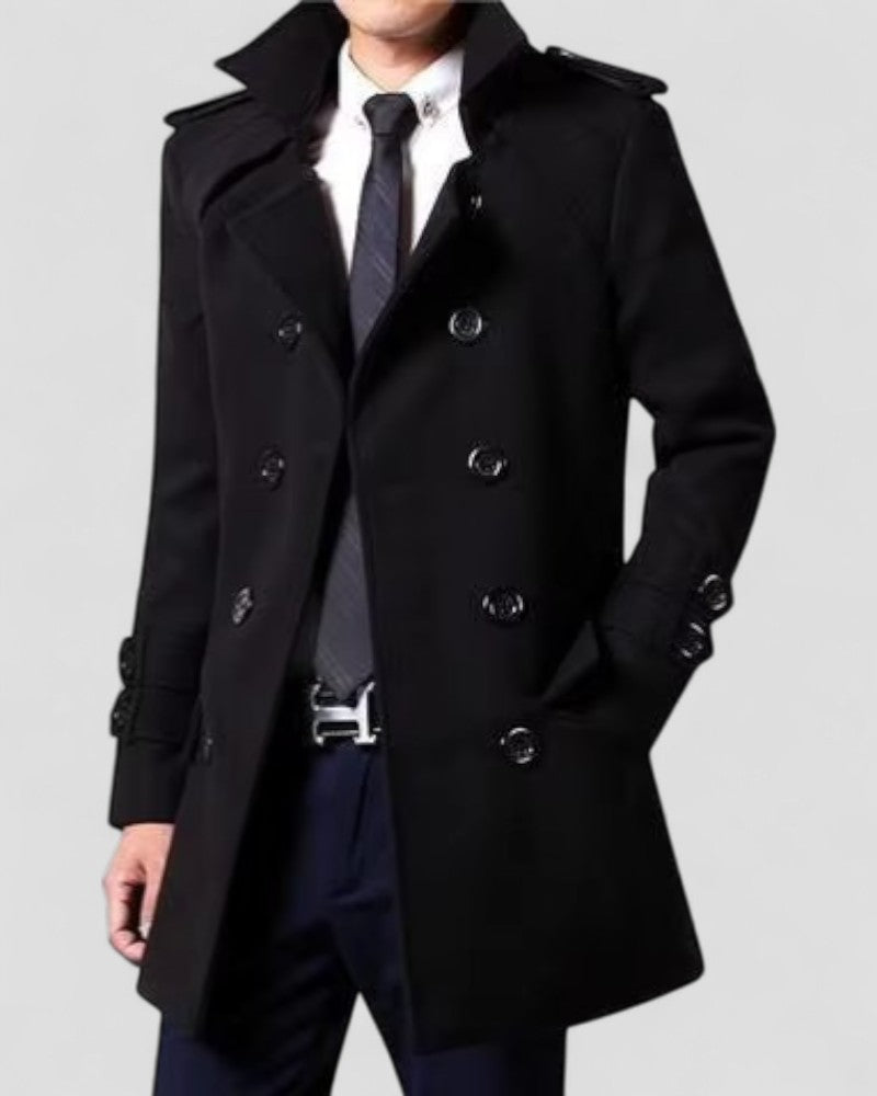 Men's double-breasted trench coat with tailored fit, perfect for smart casual or business attire. Sophisticated outerwear.