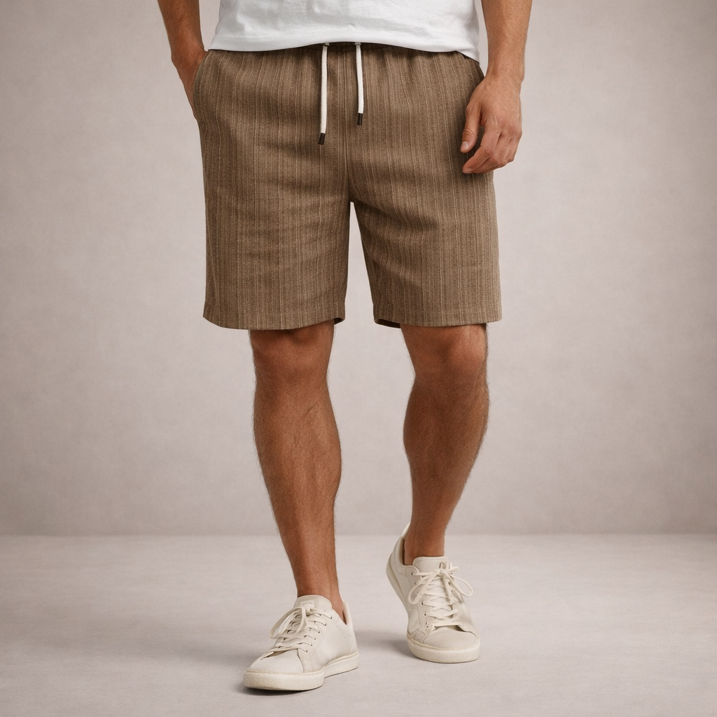 Lightweight, knee-length men's drawstring summer shorts, relaxed fit, casual wear for warm weather comfort.