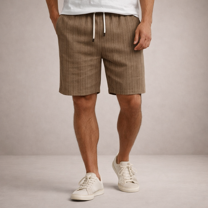 Lightweight, knee-length men's drawstring summer shorts, relaxed fit, casual wear for warm weather comfort.