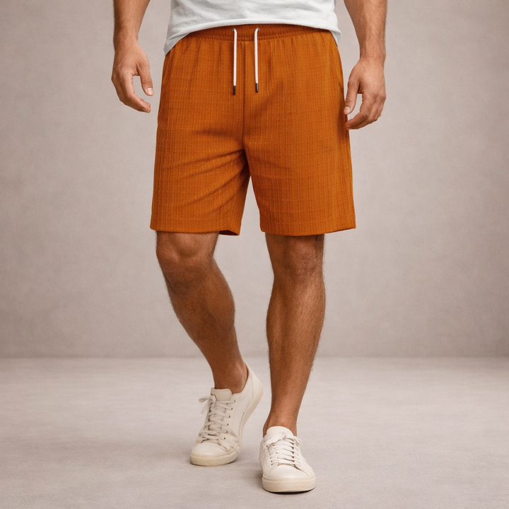 Warm weather men's drawstring summer shorts, relaxed fit, knee-length for casual and vacation wear.
