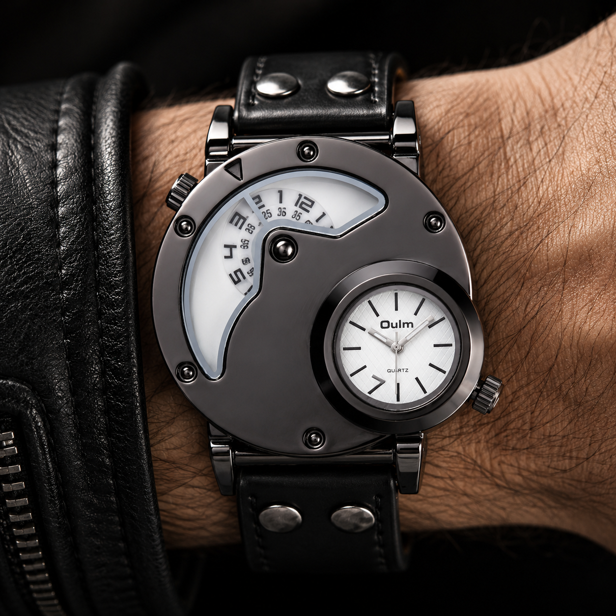 Black men's dual time sport watch with comfortable mesh strap, a lightweight and modern timepiece.
