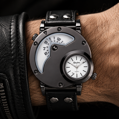 Black men's dual time sport watch with comfortable mesh strap, a lightweight and modern timepiece.