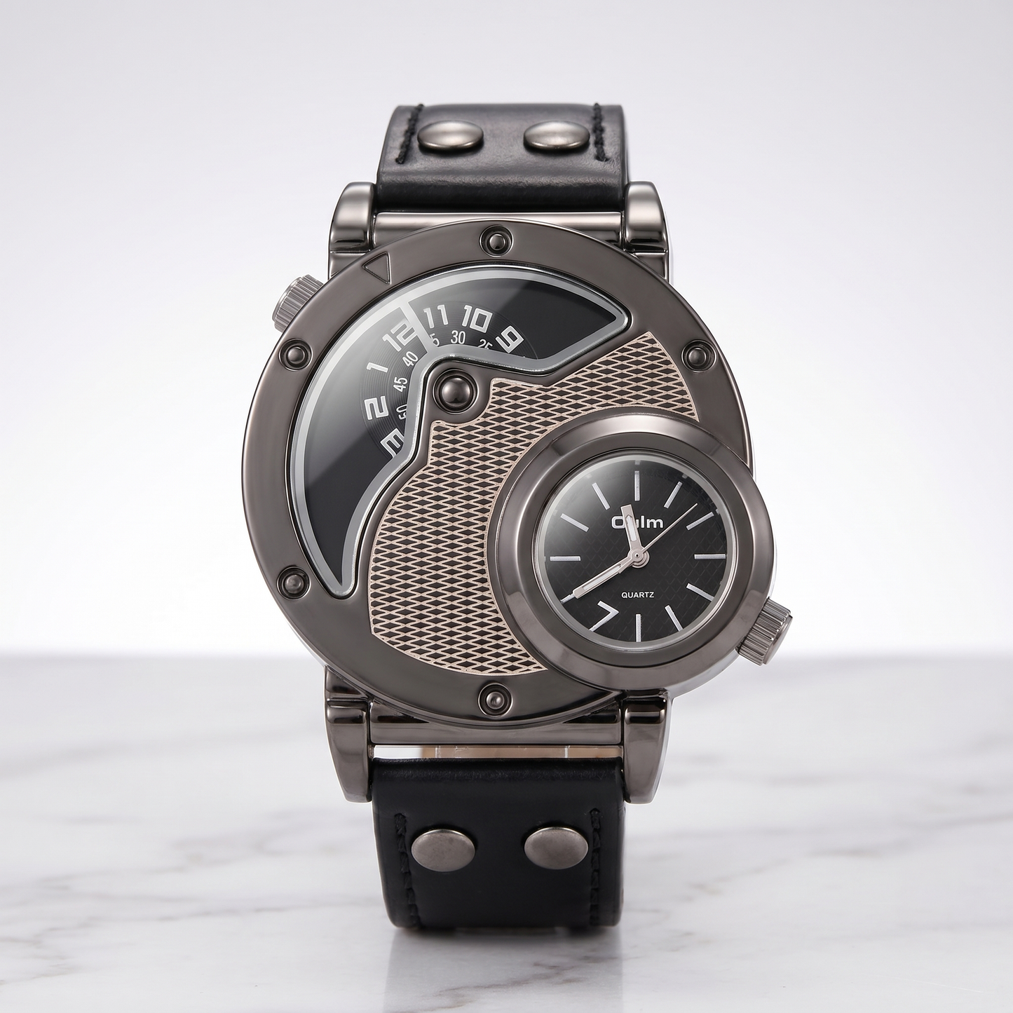 Men's dual time sport watch with a comfortable, adjustable black mesh strap for a secure fit.