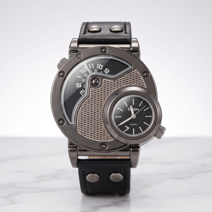 Men's dual time sport watch with a comfortable, adjustable black mesh strap for a secure fit.