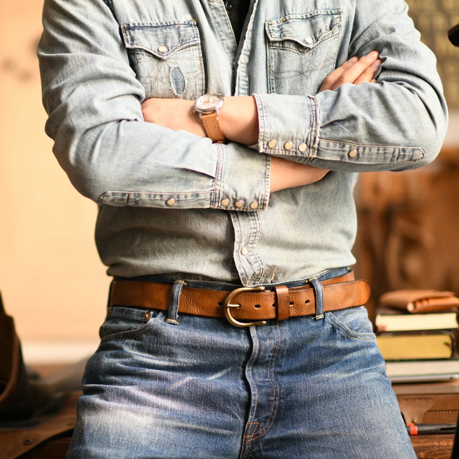 Classic men's cowhide leather belt with sturdy buckle. Durable for business or leisure.
