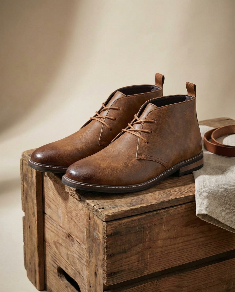 Close-up of rich brown full-grain leather texture on men's durable chukka boots for everyday style.
