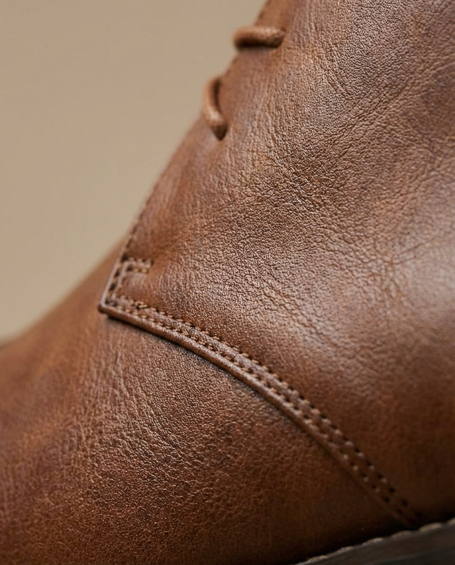 Side view of men's durable brown leather chukka boots with sturdy sole & comfortable design for work.