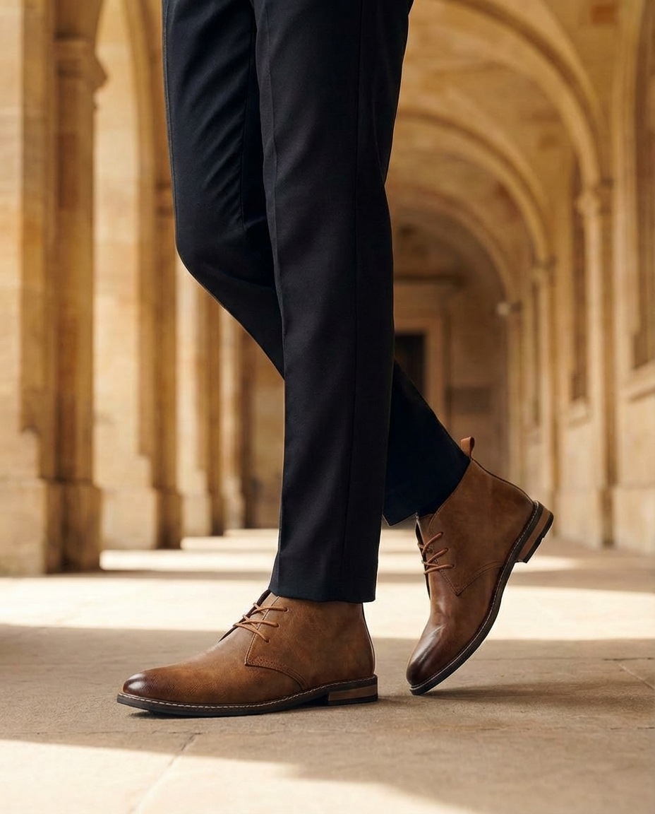 Stylish men's brown leather chukka boots on foot, showcasing versatile design for casual & fall fashion.