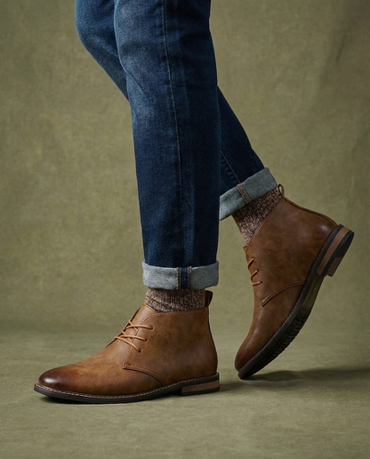 Back view of men's durable leather chukka boots, highlighting robust construction & quality brown leather finish.