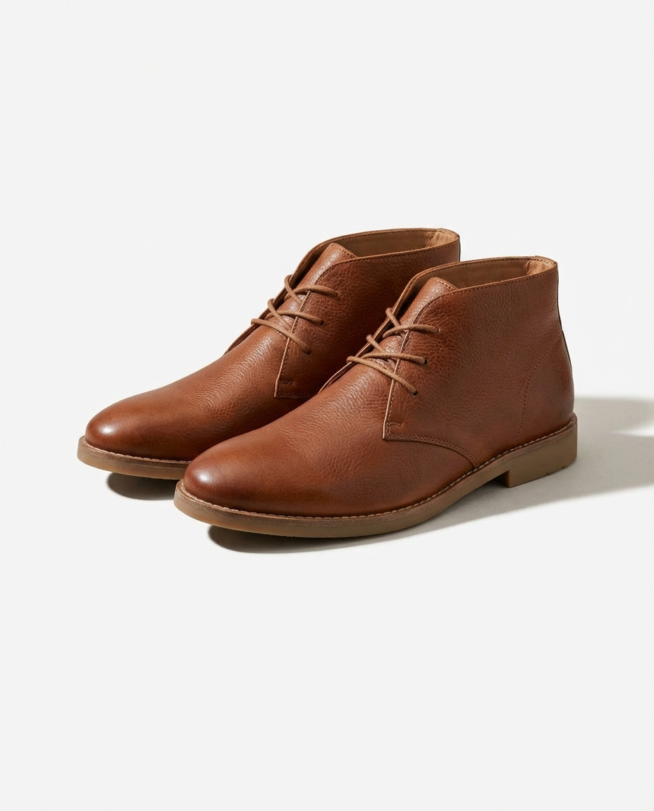 Detailed view of strong laces & eyelets on men's durable brown leather chukka boots, built for long-lasting wear.