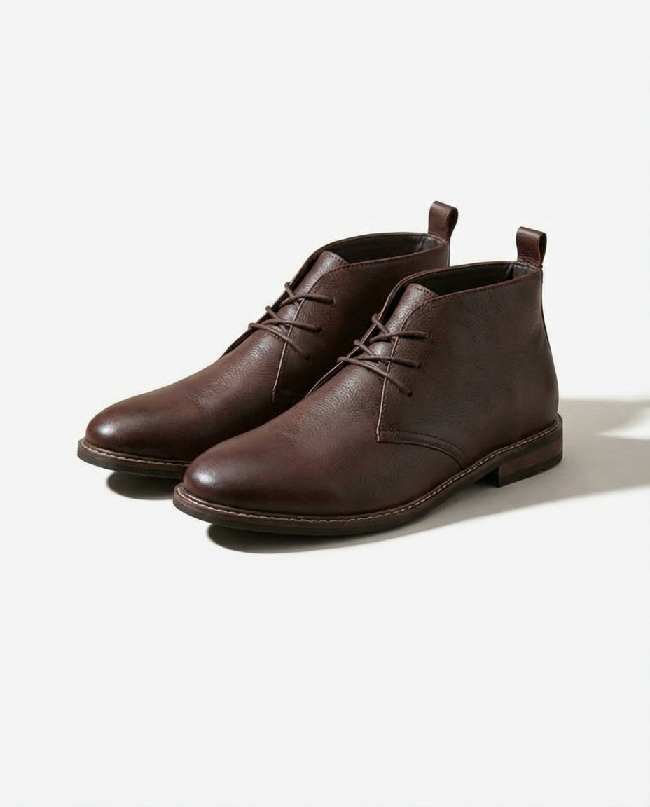Pair of men's durable brown leather chukka boots from above, showcasing classic design & quality construction.