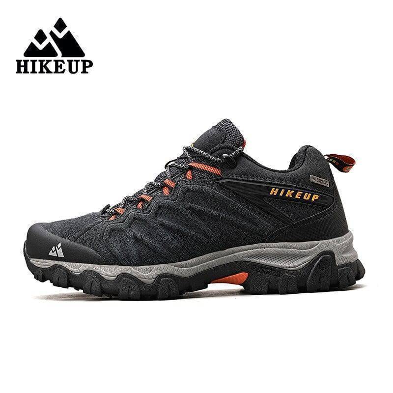 Frontal view of men's sturdy outdoor boots with thick laces, ready for adventure