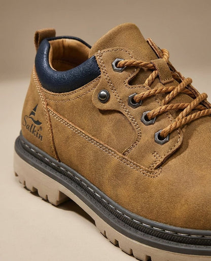 Versatile khaki men's leather boots, perfect for outdoor adventures and casual urban style.