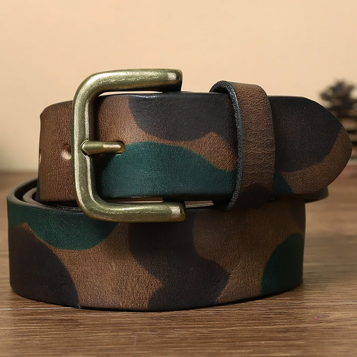 Men's durable camo leather belt with robust design and brass buckle. Perfect for rugged style.