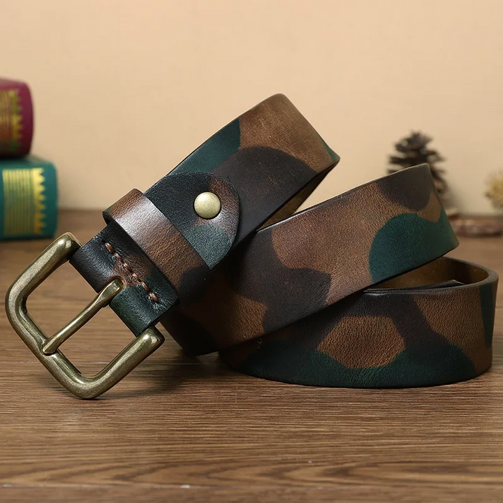 High-quality full-grain leather camo belt for men, built for durability & long-lasting wear.